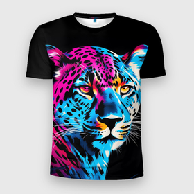 Мужская футболка 3D Slim с принтом Леопард в неоновых цветах , 100% полиэстер с улучшенными характеристиками | приталенный силуэт, круглая горловина, широкие плечи, сужается к линии бедра | 