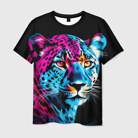 Мужская футболка 3D с принтом Леопард в неоновых цветах , 100% полиэфир | прямой крой, круглый вырез горловины, длина до линии бедер | Тематика изображения на принте: 