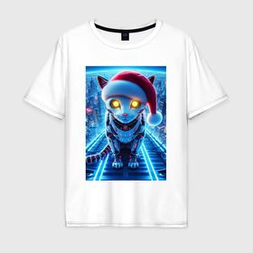Мужская футболка хлопок Oversize с принтом Неоновый кибер котик   нейросеть в Екатеринбурге, 100% хлопок | свободный крой, круглый ворот, “спинка” длиннее передней части | 
