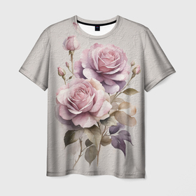 Мужская футболка 3D с принтом Нежные розовые розы  на стене в Санкт-Петербурге, 100% полиэфир | прямой крой, круглый вырез горловины, длина до линии бедер | Тематика изображения на принте: 