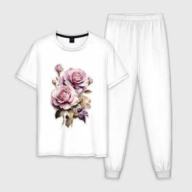 Мужская пижама хлопок с принтом Винтажные розы акварельные цвета в Петрозаводске, 100% хлопок | брюки и футболка прямого кроя, без карманов, на брюках мягкая резинка на поясе и по низу штанин
 | 