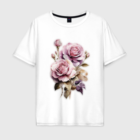 Мужская футболка хлопок Oversize с принтом Винтажные розы акварельные цвета в Кировске, 100% хлопок | свободный крой, круглый ворот, “спинка” длиннее передней части | 