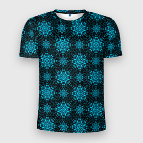 Мужская футболка 3D Slim с принтом Паттерн тёмно бирюзовый абстрактные цветы в Санкт-Петербурге, 100% полиэстер с улучшенными характеристиками | приталенный силуэт, круглая горловина, широкие плечи, сужается к линии бедра | 