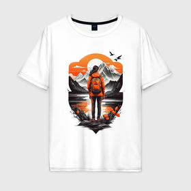 Мужская футболка хлопок Oversize с принтом Поход в горы туризм в Кировске, 100% хлопок | свободный крой, круглый ворот, “спинка” длиннее передней части | 