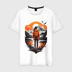 Мужская футболка хлопок с принтом Поход в горы туризм в Кировске, 100% хлопок | прямой крой, круглый вырез горловины, длина до линии бедер, слегка спущенное плечо. | 
