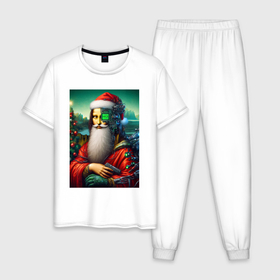Мужская пижама хлопок с принтом Mona Lisa in Santa costume   cyberpunk в Петрозаводске, 100% хлопок | брюки и футболка прямого кроя, без карманов, на брюках мягкая резинка на поясе и по низу штанин
 | 