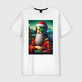 Мужская футболка хлопок Slim с принтом Mona Lisa in Santa costume   cyberpunk в Екатеринбурге, 92% хлопок, 8% лайкра | приталенный силуэт, круглый вырез ворота, длина до линии бедра, короткий рукав | 