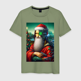 Мужская футболка хлопок с принтом Mona Lisa in Santa costume   cyberpunk в Екатеринбурге, 100% хлопок | прямой крой, круглый вырез горловины, длина до линии бедер, слегка спущенное плечо. | 
