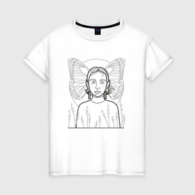 Женская футболка хлопок с принтом Девушка с крыльями бабочки с острыми ушками в Екатеринбурге, 100% хлопок | прямой крой, круглый вырез горловины, длина до линии бедер, слегка спущенное плечо | 