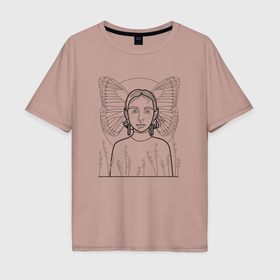 Мужская футболка хлопок Oversize с принтом Девушка с крыльями бабочки с острыми ушками в Санкт-Петербурге, 100% хлопок | свободный крой, круглый ворот, “спинка” длиннее передней части | 