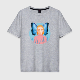 Мужская футболка хлопок Oversize с принтом Блондинка с синими крыльями бабочки в Курске, 100% хлопок | свободный крой, круглый ворот, “спинка” длиннее передней части | 