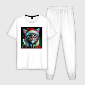 Мужская пижама хлопок с принтом Новогодний кибер котик   нейросеть в Кировске, 100% хлопок | брюки и футболка прямого кроя, без карманов, на брюках мягкая резинка на поясе и по низу штанин
 | 