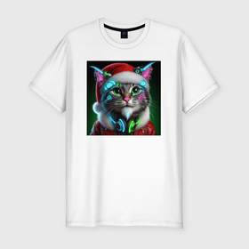 Мужская футболка хлопок Slim с принтом Новогодний кибер котик   нейросеть в Белгороде, 92% хлопок, 8% лайкра | приталенный силуэт, круглый вырез ворота, длина до линии бедра, короткий рукав | 