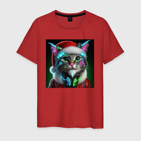 Мужская футболка хлопок с принтом Новогодний кибер котик   нейросеть в Тюмени, 100% хлопок | прямой крой, круглый вырез горловины, длина до линии бедер, слегка спущенное плечо. | 