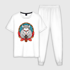 Мужская пижама хлопок с принтом Манул шаман в Белгороде, 100% хлопок | брюки и футболка прямого кроя, без карманов, на брюках мягкая резинка на поясе и по низу штанин
 | Тематика изображения на принте: 