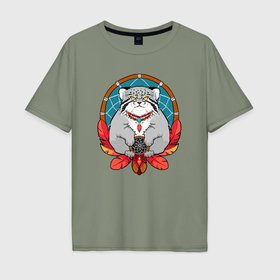 Мужская футболка хлопок Oversize с принтом Манул шаман , 100% хлопок | свободный крой, круглый ворот, “спинка” длиннее передней части | 