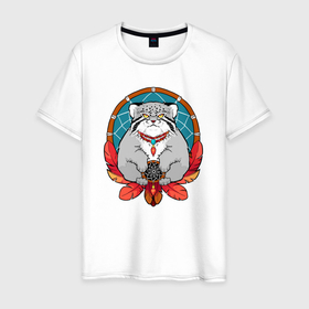 Мужская футболка хлопок с принтом Манул шаман в Санкт-Петербурге, 100% хлопок | прямой крой, круглый вырез горловины, длина до линии бедер, слегка спущенное плечо. | 