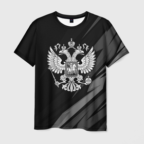 Мужская футболка 3D с принтом Герб  России   черно белая абстракция в Новосибирске, 100% полиэфир | прямой крой, круглый вырез горловины, длина до линии бедер | 