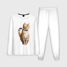 Мужская пижама с лонгсливом хлопок с принтом Задумчивый акварельный кот ,  |  | Тематика изображения на принте: 