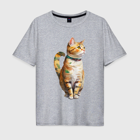 Мужская футболка хлопок Oversize с принтом Задумчивый акварельный кот в Екатеринбурге, 100% хлопок | свободный крой, круглый ворот, “спинка” длиннее передней части | 