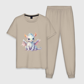 Мужская пижама хлопок с принтом Акварельный дракон в Курске, 100% хлопок | брюки и футболка прямого кроя, без карманов, на брюках мягкая резинка на поясе и по низу штанин
 | 