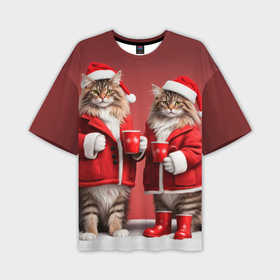 Мужская футболка oversize 3D с принтом С новым котом   два кота в костюмах Санты ,  |  | Тематика изображения на принте: 