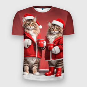 Мужская футболка 3D Slim с принтом С новым котом   два кота в костюмах Санты , 100% полиэстер с улучшенными характеристиками | приталенный силуэт, круглая горловина, широкие плечи, сужается к линии бедра | Тематика изображения на принте: 