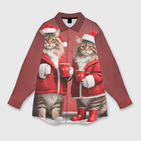 Мужская рубашка oversize 3D с принтом С новым котом   два кота в костюмах Санты ,  |  | Тематика изображения на принте: 