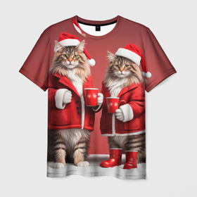 Мужская футболка 3D с принтом С новым котом   два кота в костюмах Санты в Екатеринбурге, 100% полиэфир | прямой крой, круглый вырез горловины, длина до линии бедер | 