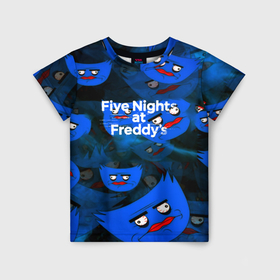 Детская футболка 3D с принтом Huggy Wuggy x Five Nights at Freddys в Петрозаводске, 100% гипоаллергенный полиэфир | прямой крой, круглый вырез горловины, длина до линии бедер, чуть спущенное плечо, ткань немного тянется | 