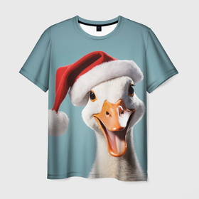 Мужская футболка 3D с принтом Смеющийся гусь в новогодней шапке в Петрозаводске, 100% полиэфир | прямой крой, круглый вырез горловины, длина до линии бедер | 