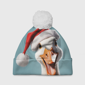 Шапка 3D c помпоном с принтом Смеющийся гусь в новогодней шапке в Кировске, 100% полиэстер | универсальный размер, печать по всей поверхности изделия | 