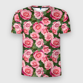 Мужская футболка 3D Slim с принтом Розовые розы паттерн в Курске, 100% полиэстер с улучшенными характеристиками | приталенный силуэт, круглая горловина, широкие плечи, сужается к линии бедра | 