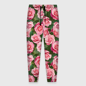 Мужские брюки 3D с принтом Розовые розы паттерн в Курске, 100% полиэстер | манжеты по низу, эластичный пояс регулируется шнурком, по бокам два кармана без застежек, внутренняя часть кармана из мелкой сетки | 