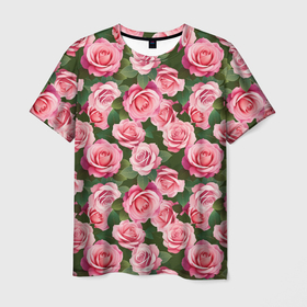 Мужская футболка 3D с принтом Розовые розы паттерн , 100% полиэфир | прямой крой, круглый вырез горловины, длина до линии бедер | 