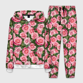 Мужской костюм 3D с принтом Розовые розы паттерн в Тюмени, 100% полиэстер | Манжеты и пояс оформлены тканевой резинкой, двухслойный капюшон со шнурком для регулировки, карманы спереди | Тематика изображения на принте: 