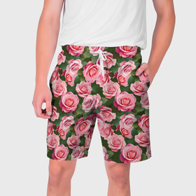 Мужские шорты 3D с принтом Розовые розы паттерн в Курске,  полиэстер 100% | прямой крой, два кармана без застежек по бокам. Мягкая трикотажная резинка на поясе, внутри которой широкие завязки. Длина чуть выше колен | 