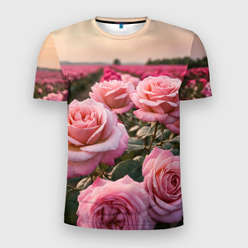 Мужская футболка 3D Slim с принтом Поле розовых роз в Курске, 100% полиэстер с улучшенными характеристиками | приталенный силуэт, круглая горловина, широкие плечи, сужается к линии бедра | 