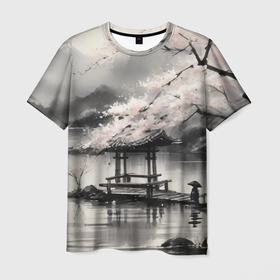 Мужская футболка 3D с принтом Пейзаж японское озеро в Курске, 100% полиэфир | прямой крой, круглый вырез горловины, длина до линии бедер | 