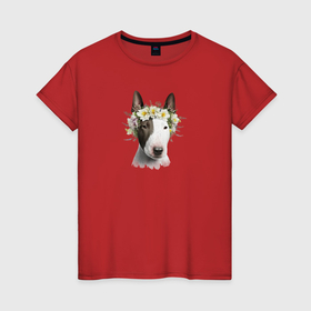 Женская футболка хлопок с принтом Бультерьер в цветах , 100% хлопок | прямой крой, круглый вырез горловины, длина до линии бедер, слегка спущенное плечо | 