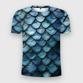 Мужская футболка 3D Slim с принтом Шкура голубого дракона в Новосибирске, 100% полиэстер с улучшенными характеристиками | приталенный силуэт, круглая горловина, широкие плечи, сужается к линии бедра | 