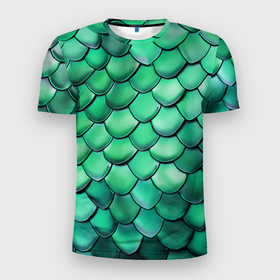 Мужская футболка 3D Slim с принтом Шкура зеленого дракона в Санкт-Петербурге, 100% полиэстер с улучшенными характеристиками | приталенный силуэт, круглая горловина, широкие плечи, сужается к линии бедра | 