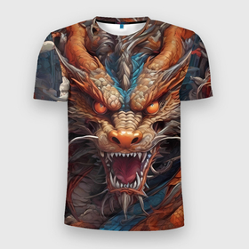 Мужская футболка 3D Slim с принтом Китайский дракон потрет в Кировске, 100% полиэстер с улучшенными характеристиками | приталенный силуэт, круглая горловина, широкие плечи, сужается к линии бедра | 