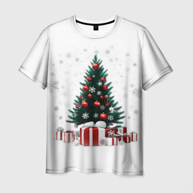 Мужская футболка 3D с принтом Рождественская ель , 100% полиэфир | прямой крой, круглый вырез горловины, длина до линии бедер | Тематика изображения на принте: 
