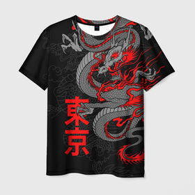 Мужская футболка 3D с принтом Серый дракон Токио в Тюмени, 100% полиэфир | прямой крой, круглый вырез горловины, длина до линии бедер | 