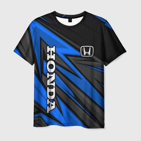 Мужская футболка 3D с принтом Honda motors   синяя спортивная абстракция в Кировске, 100% полиэфир | прямой крой, круглый вырез горловины, длина до линии бедер | Тематика изображения на принте: 