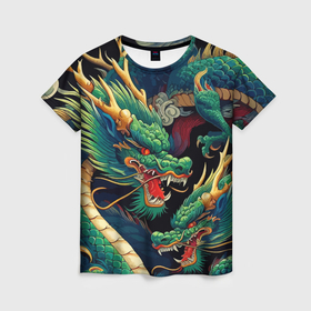 Женская футболка 3D с принтом Два Японских дракона   ирезуми в Белгороде, 100% полиэфир ( синтетическое хлопкоподобное полотно) | прямой крой, круглый вырез горловины, длина до линии бедер | Тематика изображения на принте: 