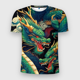Мужская футболка 3D Slim с принтом Два Японских дракона   ирезуми в Санкт-Петербурге, 100% полиэстер с улучшенными характеристиками | приталенный силуэт, круглая горловина, широкие плечи, сужается к линии бедра | Тематика изображения на принте: 