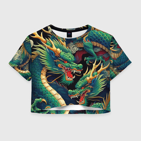Женская футболка Crop-top 3D с принтом Два Японских дракона   ирезуми в Екатеринбурге, 100% полиэстер | круглая горловина, длина футболки до линии талии, рукава с отворотами | 