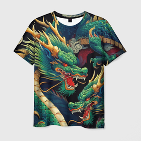 Мужская футболка 3D с принтом Два Японских дракона   ирезуми в Белгороде, 100% полиэфир | прямой крой, круглый вырез горловины, длина до линии бедер | Тематика изображения на принте: 